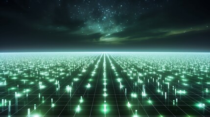Field of floating illuminated nodes in green and white forming a symmetrical grid vanishing at the horizon line.