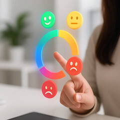 User selecting emotion on circular feedback scale with colorful glowing sentiment icons
