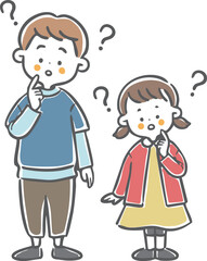 疑問を感じる男児と女児　全身　ベクター
