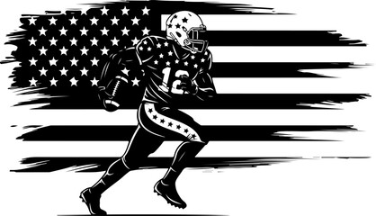 American Football Player Running with American Flag Background
