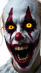 Scary Clown Face with White Paint, Red Markings, Yellow Eyes Open Mouth
