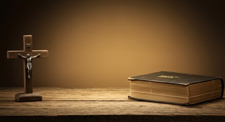 Rustic wooden cross and Holy Bible on table with dim lighting, background gradient from tan to dark wood brown