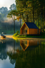 Modern wooden cabin on tranquil lake at sunrise, boat and misty forest