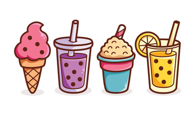Colorful doodle illustration of refreshing summer drinks and ice cream including bubble tea, lemon drink, shaved ice, and cone. Perfect for summer, food design, and drink icons.