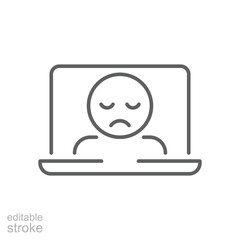 Sad Face on Laptop Icon Vector, Outline Symbol of Zoom Fatigue, Remote Work Burnout, Screen Exhaustion, and Video Call Stress, Editable Stroke Digital Fatigue Icon Design