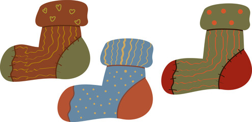 Set of three isolated cartoon warm and cozy socks with various patterns in autumn colors. Ideal for fall, winter, holiday stationery and home comfort designs. 