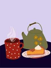 Vector illustration of a cozy autumn scene featuring a steaming mug, green teapot, and pumpkin pie slice on a table. Poster template for fall, holiday, bakery branding, and dessert themed designs.