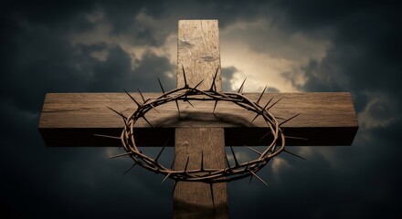 Wooden cross with crown of thorns, dramatic light and shadows
