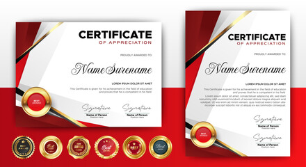 Diploma certificates template red and gold color with luxury and modern style vector image, suitable for appreciation. Vector illustration