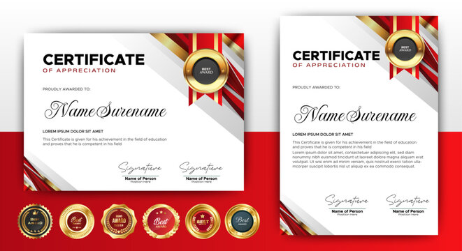 Diploma certificates template red and gold color with luxury and modern style vector image, suitable for appreciation. Vector illustration