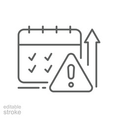 Burnout Tracker Icon Vector, Calendar with Rising Workload and Warning Symbol, Editable Stroke Outline Design for Task Overload, Deadline Stress, and Productivity Pressure