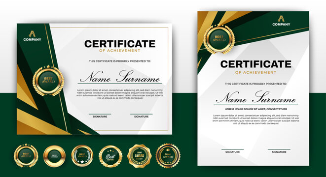 Modern Certificate Template Design With Green and gold Color Template