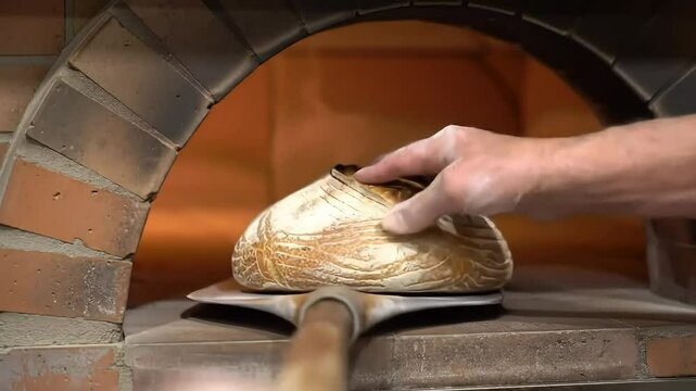 A Bakers Skill: A single, freshly baked loaf is carefully retrieved from a scorching brick oven using a long wooden peel&mdash;the art of traditional breadmaking.