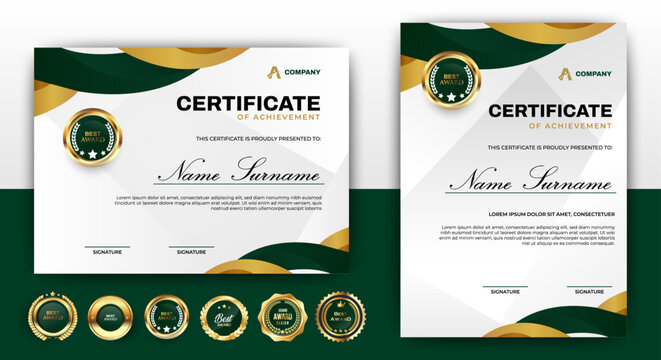 Modern Certificate Template Design With Green and gold Color Template