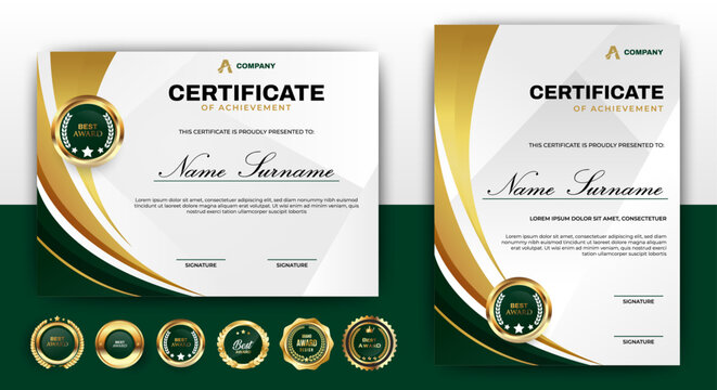 Green and gold certificates of achievement template. For award, business, and education needs