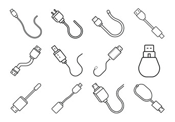 Collection of various cable connectors and USB devices isolated on white background