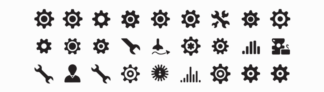 Manufacturing glyph icon set. Vector pictograms of forward, reverse, droplet, fluid, tool, wrench, lubrication, conveyor, hydraulic, pneumatic, black sign silhouette illustration.