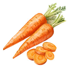 Two chopped orange carrot slices lying on top of each other watercolor food illustration. Fresh natural healthy root vegetable ingredient for antioxidant beverage, delicious cakes