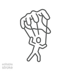 Micromanagement Icon Vector, Puppet Control Hand Holding Small Person Symbol, Editable Stroke Outline for Burnout, Workplace Domination, and Loss of Autonomy at Work
