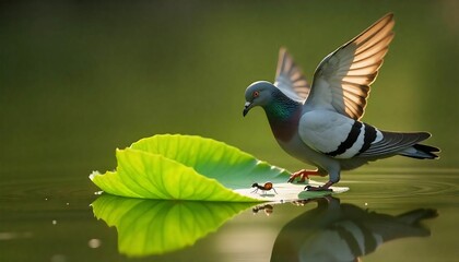 Obraz premium The pigeon gently releases a large green leaf, which glides down and lands near the ant. The ant quickly climbs onto it. The leaf floats steadily in the water, highlighted by the golden afternoon ligh