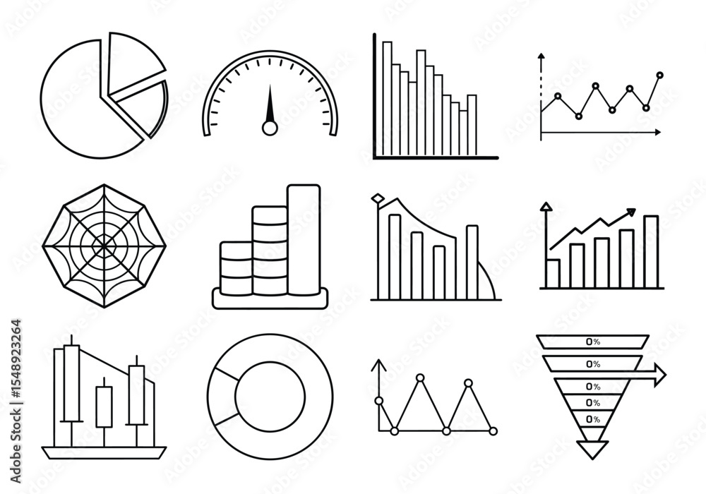 Poster collection of line icons representing various financial charts and graphs isolated on white backgrou