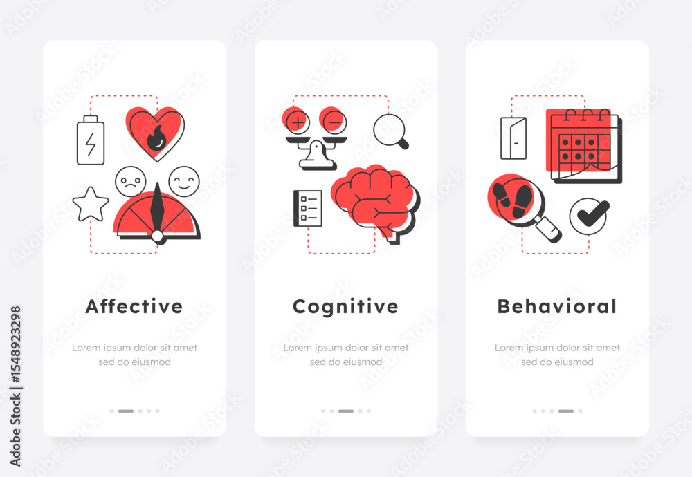 Poster job attitude components mobile app onboarding screens. employee psychology, behaviour. tracking, mon
