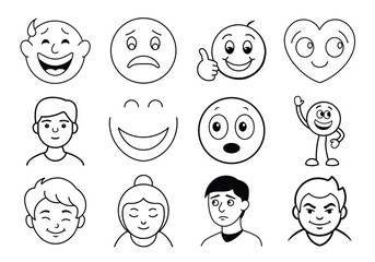 Collection of diverse emojis and cartoon faces isolated on white background