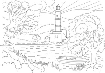 Coloring page of a coastal landscape with a lighthouse, boat, trees, and sun rays - Line art illustration for kids and adults.
