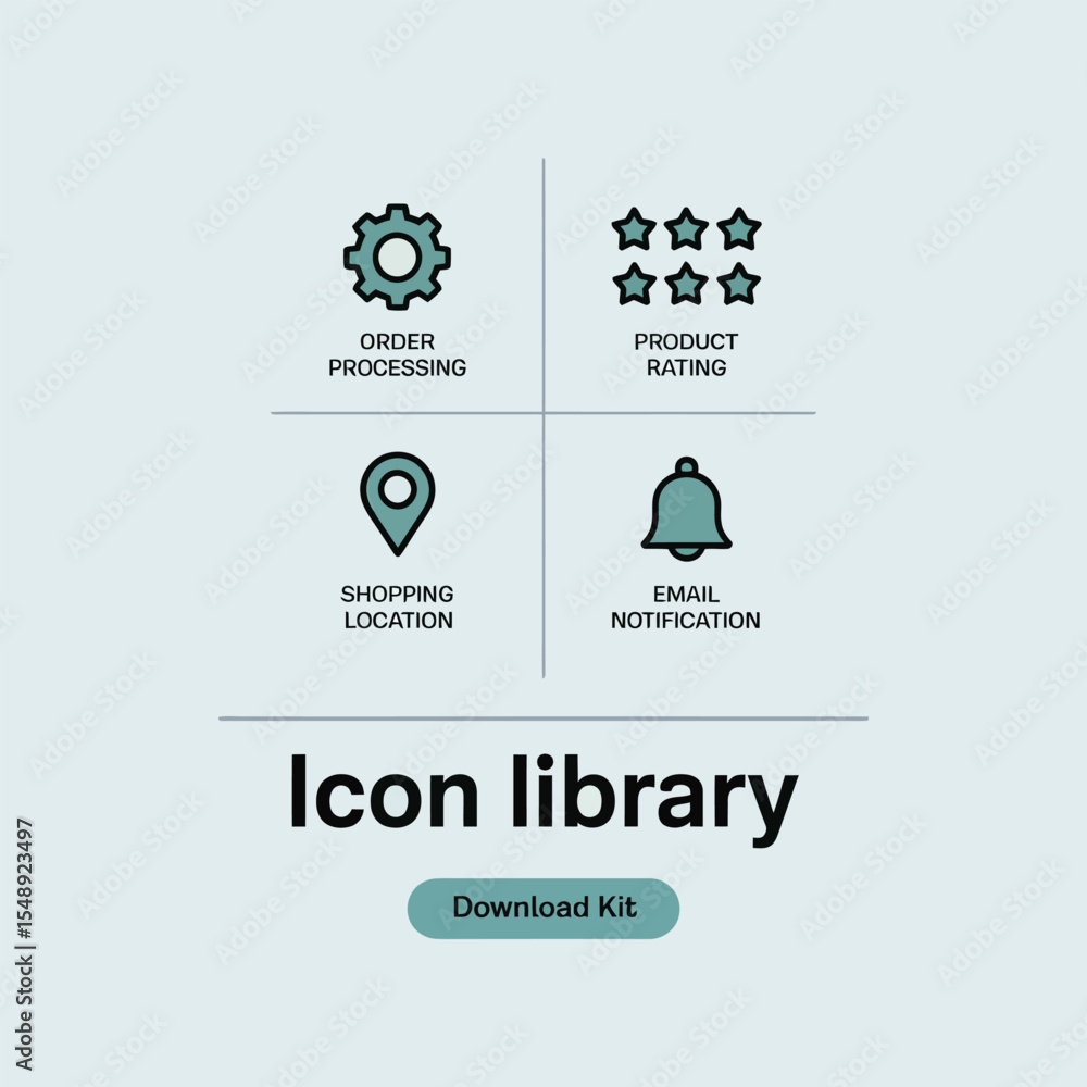 Poster teal and black icon library graphic showing order processing product rating shopping location and em