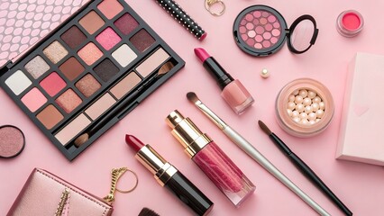 Feminine Beauty Essentials Flatlay with Eyeshadow Palette, Lip Gloss, and Pink Accessories