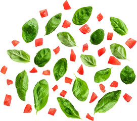 A vibrant arrangement of fresh basil leaves and diced tomatoes, perfect for culinary presentations.