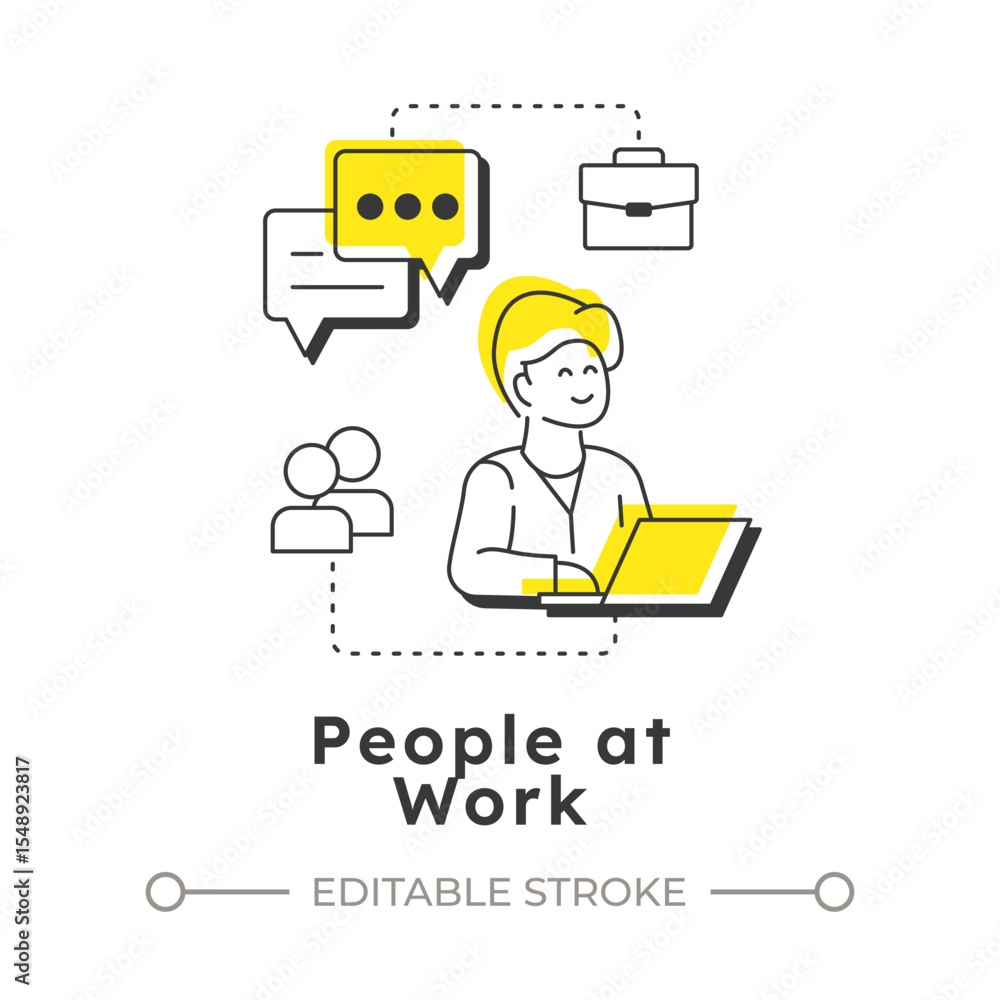 Poster people at work modern linear concept icon. communication, teamwork. workflow organization, collabora
