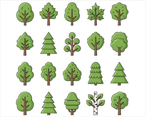 Fototapeta premium Cartoon Tree Icon Set in Flat Style – Nature, Forest, and Botanical Elements