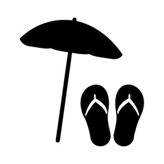 Beach Umbrella and Flip Flops Icon Design, A minimalist black icon of a beach umbrella and flip flops, symbolizing summer, vacation, and beach activities.
