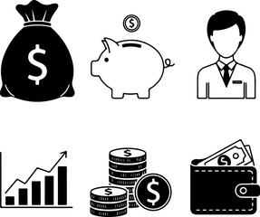 Simple black and white financial icons for business and personal finance