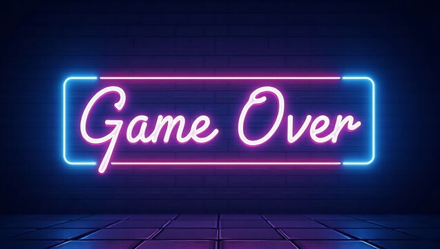 Game over neon sign on a brick wall at night