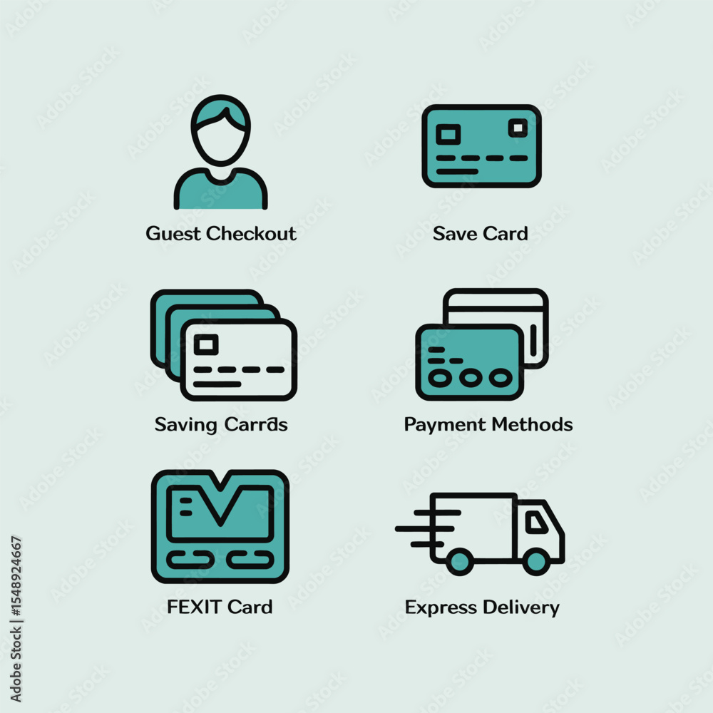 Poster teal and black line icons illustrating online payment options guest checkout save card saving cards 