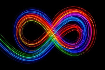 Infinity symbol created with colorful light trails on a black background