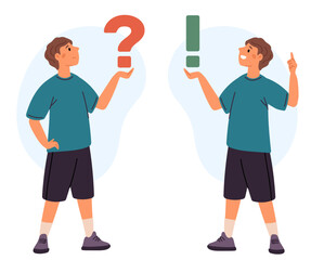 Young boy holds question mark and exclamation point on hand. Punctuation symbols. Ask and answer. Excited or confused guy. Person with attention icon. Surprise emotion. Vector concept