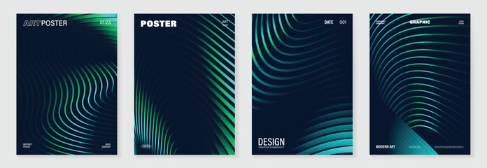 Obraz na płótnie Canvas Abstract line wave gradient poster background vector set. Minimalist cover template with vibrant perspective line wave in motion. Ideal design for social media, cover, banner, flyer, music, ads.