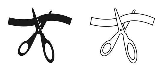 Ribbon cutting scissors. Snip black silhouettes on white background. Sewing flat logo. Tape dividing. Tailor symbol. Ceremony stripe cutoff. Separation with clippers. Vector line icons set