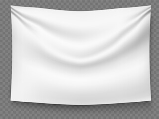 Realistic white sheer fabric banner on transparent background. 3D pennant hanging. Canvas material flag with fold texture. Stretched rectangular cloth mockup. Vector textile billboard