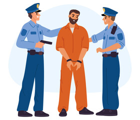 Police officers have apprehended dangerous criminal and escorting him to policeman station. Law punishment. Robber in handcuff. Jail convoy. Guilty thief detainment. Vector concept
