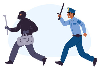 Police officer with baton chases robber. Crime running away from policeman. Criminal escapes from security guard. Gangster with stolen bag. Cop and bandit pursuit race. Vector concept