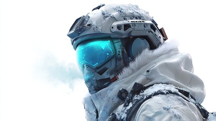 Fototapeta premium Close-up of a snow-covered soldier's head, wearing a futuristic white helmet with teal visor and breathing cold air. The helmet features tactical attachments; the 
