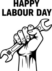 A strong hand holds a wrench, celebrating Labour Day.