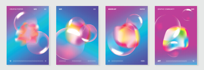 Naklejka na ściany i meble Modern gradient liquid glass poster background vector set.Cover template with vibrant perspective geometric prism shape. Ideal design for social media, cover, banner, wallpaper.