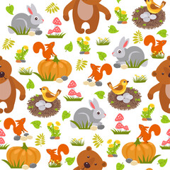 Forest animals seamless pattern. Cartoon bear and squirrel. Cute hare with pumpkin. Bird nest. Repeated baby print. Dandelion flower. Mammals at meadow. Nature wildlife. Vector background