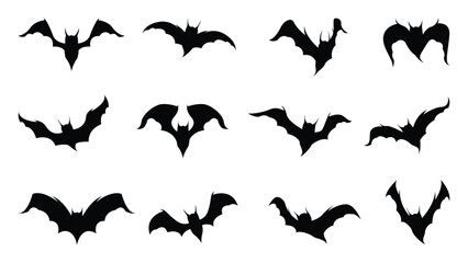 Happy Halloween silhouette element vector set. Collection of spooky bat flying. Halloween decoration Isolated icon holidays for festival, sticker, card, decorative. 