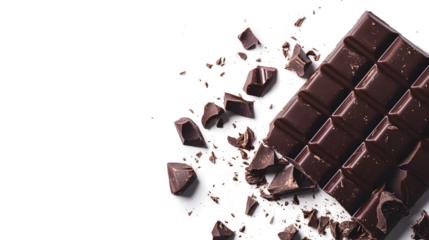 A chocolate bar with chocolate chips on it. The chocolate bar is broken into pieces. Concept of indulgence and enjoyment, as the chocolate is a popular treat that people often enjoy